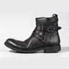 Boots Genuine Leather Retro Men Brand Casual High Top Double Buckle Work Shoes Luxury Handmade Round Toe Zip Dress Black