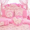 Korean style pink Lace bedspread bedding set king queen 4pcs princess duvet cover bed skirts bedclothes cotton home textile 201209232b