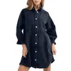 Vestidos casuais clássico denim camisa vestido mulheres retro lapela colarinho mini cor sólida solta ajuste simples lanterna manga streetwear terno