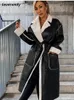Women's Wool Blend Faux Leather Turndown Collar Belt PU Overcoat Warm Loose Long Sleeve Female Midi Jacket Cool Lady Elegant Pocket Coat 230926