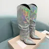 Designer -Slip-On Stacked Knee-High boots chunky block Pointed toe women'smid-calf boots Fashion party cold shoes factory footwear Size 35-41