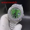 Men's Hip Hop Watch Prong Set Diamond Watch Silver Stainless Steel Case Strap green face Automatic Mechanical Watch 43MM282N
