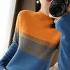 Kvinnors tröjor Pure ull/kashmirtröja Kvinnor Halva Turtleneck Färgblock Knit Pullover Autumn Winter Largesize Warm Tjock Top Female