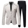 Costumes pour hommes costume d'affaires à carreaux 2 pièces gris/kaki mode hommes robe de soirée de mariage mâle col montant Blazer veste et pantalon