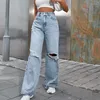 Kvinnors jeans lucyever vår sommar mode hål kvinna hög midja lösa raka byxor kvinnliga streetwear klippta ut denim byxor kvinnor