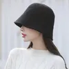 ワイドブリムハットバケツファッション女性ブラックニット帽子冬の丸いトップカバーフェイスクールウール230927