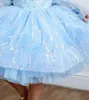 Robes de fille bleu brillant perles fleur gonflée Tulle avec nœud fête d'anniversaire de mariage à manches longues Pageant princesse robe de bal