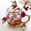 Kupalar kırmızı gül emaye cam kahve çay bardağı ve el yapımı ısıya dayanıklı gözlükler su bardağı içecek sevgisi hediye düğün293a