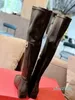 Latest Women's Over Knee Long Boots Low Heel Square Headed Inner Side with Zipper Gold Buckle Decoration Cowhide Upper Real Leather Sole Size