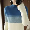 Kadın Sweaters Saf Yün/Kaşmir Kazak Kadınlar Yarım Yavaş Belek Renk Blok Örgü Külot Sonbahar Kışlık Sıcak Kalın Üstü Kadın