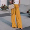 Kvinnor Pants Ladies Summer Trousers Cotton Linen Comfy Pleated Solid Color Tind Up Loose Bohemian Style High Midist Office Lady Lady