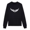 スウェットシャツ23aw Zadig Voltaire Women Designer Hoodies New ZV Print Classic Styleカジュアルな汎用性の高い長袖ブラックラウンドネックコットンルーズ女性プルオーバーセーター