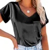 Blusas femininas soltas manga curta cetim com decote em v camisa feminina 2023 verão bolso elegante seda casual topos sólidos senhoras blusa 26155