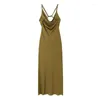 Casual Dresses YENKYE Women Olive Green Satin Slip Dress Crossed Double Thin Strap Back Flowy Neckline Female Party Sexy