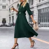 Casual Dresses Elegant Pleated Long Skirt Sleeve Shirt Dress Stylish Lapel Design V-neck Midi A-line Cut For Weddings