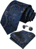 Krawatten Luxus Blau Gold Paisley Seidenkrawatten für Männer Business Hochzeit Krawatte Set mit Krawattenring Brosche Pin Herren Manschettenknöpfe Einstecktuch 231013