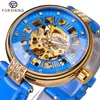 Forsining senhora relógio de pulso mecânico automático topo marca luxo moda ouro caso esqueleto relógio feminino azul genuíno leather220g