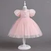 Vestidos de niña, vestido de Boda de Princesa con manga de burbuja y flores, vestido de baile hasta el tobillo con cuello redondo para eventos de bodas y bebés