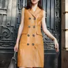 Casual Dresses Office Style Lady Genuine Leather Real Lambskin Black Red Yellow Green Suit Collar Dress Front Button Sleeveless LT2462