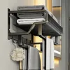 Handtuchhalter OUGOO Handtuchhalter 37-57 cm mit Haken Badezimmerzubehör Wandhalterung Schiene Duschaufhänger Aluminium mattschwarz Regal 230927