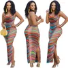 Casual Dresses Colorful Striped Women Maxi Tank Dress Sexy Sleeveless Lace Up Backless Side Split Bodycon Long Club Party Robe Dropship