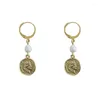 Dangle Earrings Freshwater Pearl Gold Coin Human Head Female Japanese And Korean Creative Personality Baroque Plated 14K