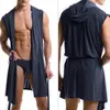 Ropa de dormir para hombres Pijamas sexys para hombres Pijama de color sólido Hombre con capucha Sin mangas Albornoz fino Vestido de verano Bata de baño