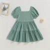 Pudcoco – robe d'été pour filles, manches courtes bouffantes, col en V, couleur unie, vêtements de princesse pour enfants en bas âge, 3-8T