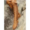 Bottes Bottes en polyuréthane de haute qualité pour femmes bottes à lacets sexy sur le genou avec lacets bronzés bottes mocassins femmes chaussures de grande taille femmes 230927