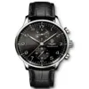 Män tittar på Japan Quartz Movement Leather Strap New Portuguese Chronograph i371447 Black Dial 40mm armbandsur215n