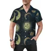 Camisas casuais masculinas sol design abstrato camisa de praia lua e estrelas impressão havaiana homens blusas estéticas manga curta roupas gráficas