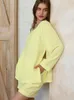 Mulheres sleepwear linad pijama amarelo para mulheres 2 peças conjuntos soltos o pescoço manga longa feminino casual casa ternos com shorts outono 2023