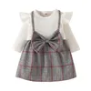 Robes de fille née infantile bébé filles côtelé Plaid robe à nœud papillon tenues vêtements ensembles doux et chauds