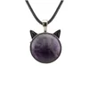 ペンダントネックレス天然クリスタル猫の頭の形をしたペンダントネックレスと革のロープヒーリングエネルギーエネルギー贈り物。