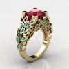 Cluster Ringen HOYON 18k Geel Goud Kleur Dames Sieraden Creatieve Ingelegd Ruby Micro-ingelegde Diamond Leaf Ring