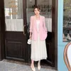 Two Piece Dress Autumn Suit Women Elegant Korean Lace-Up Fashion Blazer Coats Long Mesh Pleated Skirt Casual Evening Party 2-Piece Set