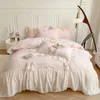 Estilo coreano chiffon rendas conjunto de cama rosa frança romântico princesa casamento roupas babados arco macio capa edredão folha fronhas têxteis para casa melhor qualidade