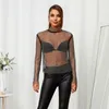 Damen-T-Shirts Leqoel Sexy Diamonds Durchsichtige Langarm-T-Shirts für Frauen Fishnet Mesh Sheer Crop Top Mock Neck Tops Tee