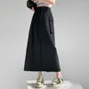 Skirts With Belt Wrinkled High-waisted Half-body Skirt Female Summer Korean Loose Work Pockets Fashion Casual Long