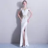 Party Dresses Evening White Jersey O-neck Short Sleeves Golden Appliques Mermaid Trumpet Floor Length Plus Size Lady Dress F257