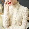 Women's Blouses Autumn Woman Lace Hollow Out Fleece Lined Thick Tops Female Temperament Turtleneck Long Sleeve Bottoming Mesh Shirt Women