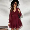 Casual Dresses Spring Sexy Deep V-neck Short Dress High-waist Chiffon Women Hollowed Out Long-sleeved Elegant Party 2023