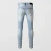 Мужские джинсы Уличная мода Мужчины Ретро Светло-голубые эластичные эластичные узкие рваные кожаные заплатки Дизайнерские брендовые брюки в стиле хип-хоп
