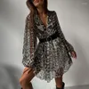 Casual Dresses 2023 INS Y2K Clothes Long Lantern Sleeve V Neck Single Breasted Mini Dress Summer Elegant Leopard Print Chiffon For Women