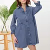 Casual Dresses Classic Denim Shirt Dress Women Retro Lapel Collar Mini Solid Color Loose Fit Simple Lantern Sleeve Streetwear Suit