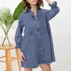 Vestidos casuais clássico denim camisa vestido mulheres retro lapela colarinho mini cor sólida solta ajuste simples lanterna manga streetwear terno