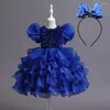 Vestidos de niña Vestido de lentejuelas para niña Dulce Rganza Princesa con mangas de burbuja 1 de junio Rendimiento de baile con tocado Flor Grils