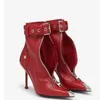 Bottines à bout pointu en métal rouge avec fermeture éclair, chaussures d'hiver Sexy avec ceinture en cuir noir et talons hauts pour femmes, chaussures de luxe de styliste