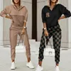 Women's Two Piece Pants Fashion Women Plaid Print Zipper Front Hooded Top Pants Set Two Pieces Suit Flare Pants Outwear 230926