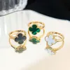 Van-Clef & Arpes Ring Designer Women Original Quality Leaf Grass Ring V Gold Plated 18 K Gold With Diamonds Natural White Fritillaria Red Jade Single Flower Ring Female